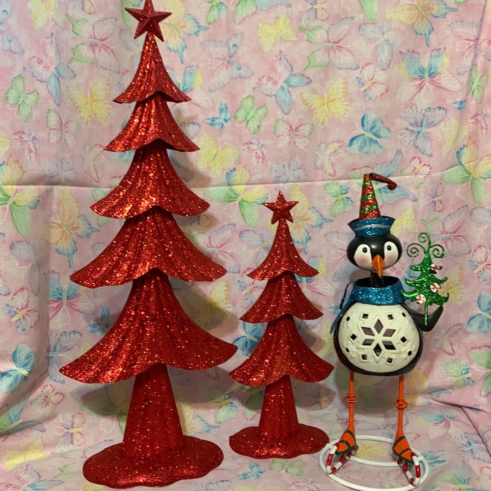 Christmas Bundle. 2 red sparkly trees, lg is 20” in hgt, sm is 12.5” & Penguin